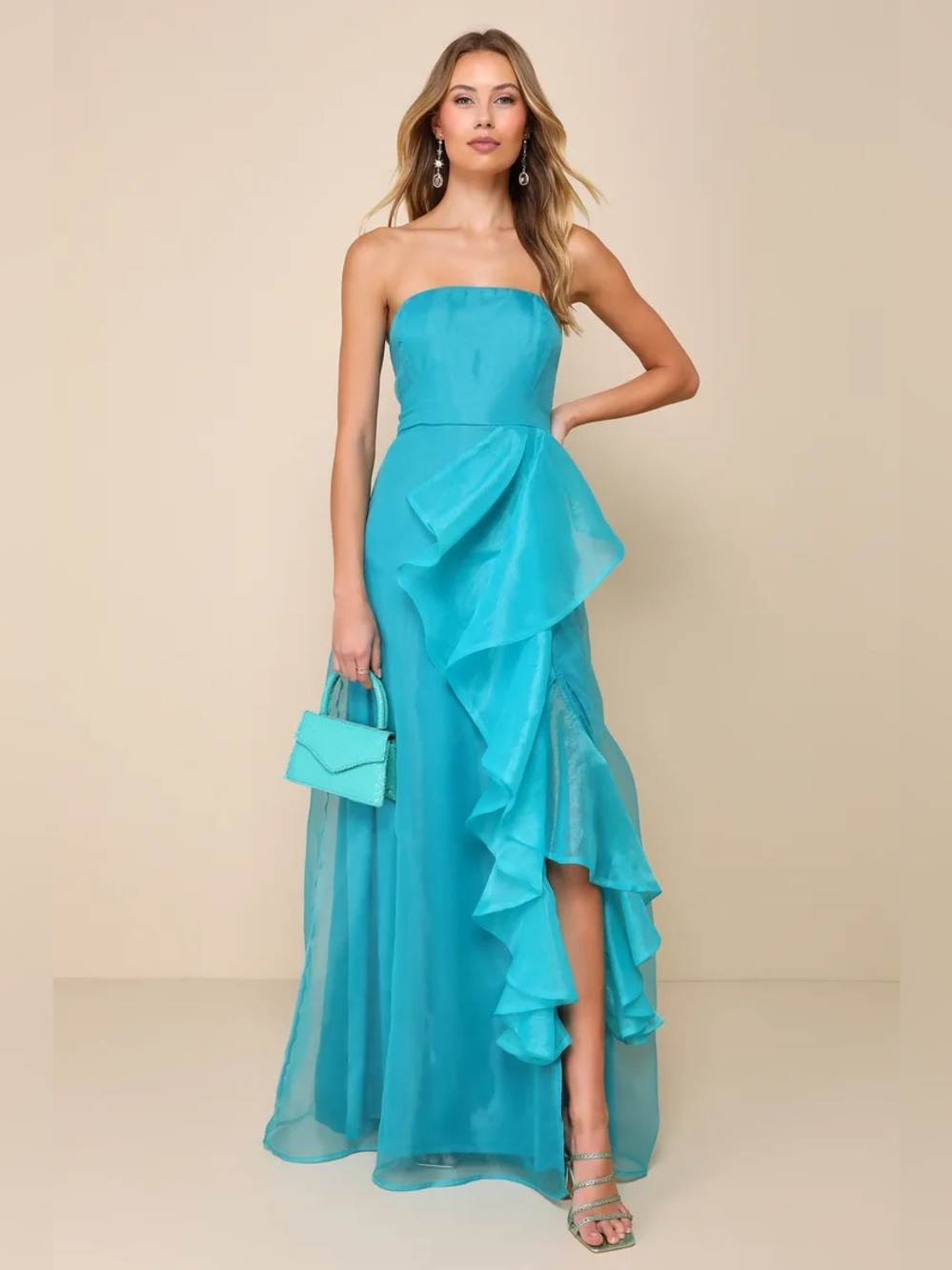 Lulus Exquisite Ease Teal Green Organza Strapless Ruffled Maxi Dress Size S NWT - Picture 1 of 13